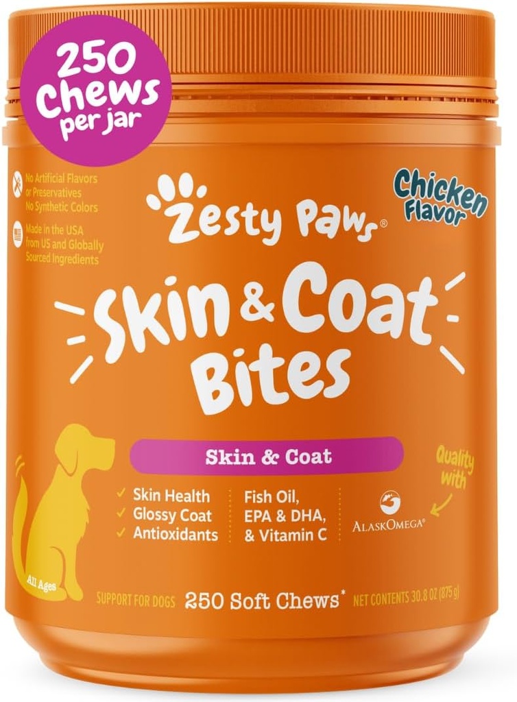 Zesty Paws Omega 3 Visolie voor honden - Zesty Paw Honden Vitaminen en Supplementen voor Hip, Gezamenlijke & Huid, Kip (250 Kauwen)