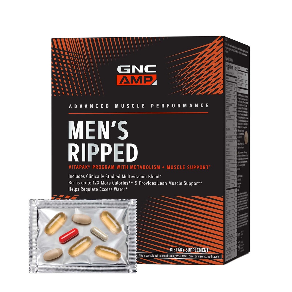 GNC AMP Mannen Ripped Vitapak Programma, 4 in 1 Product Vitamine Pack, Metabolisme & Lean Muscle Tone, Burn Calories, Waterafscheiding, Adult Multivitamine, Cafeïne, CLA, Bewezen Ingrediënten, 30-dagen levering
