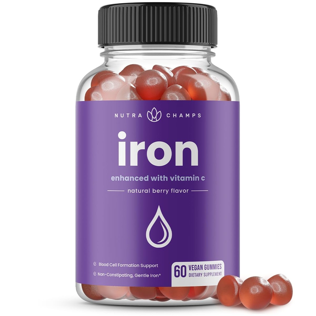 NutraChamps Iron Gummies met vitamine C - 20mg, Blood Cell Formation Support, 60 Vegan Gummies for Iron Deficency & Anemia, Energy, Focus, Immune Boost