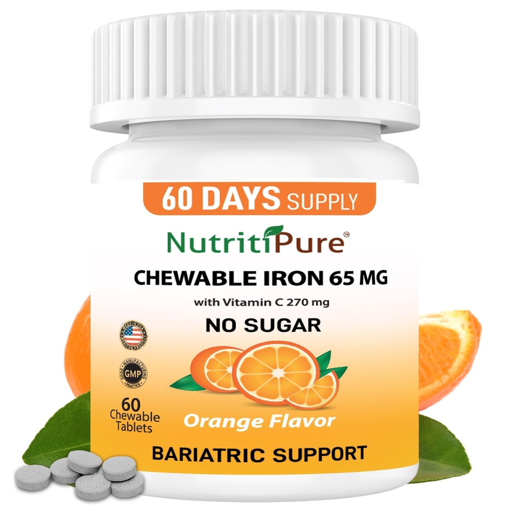 Kauwbaar ijzer 65 mg met vitamine C 270 mg (voor vrouwen/mannen) 60 Days Supply