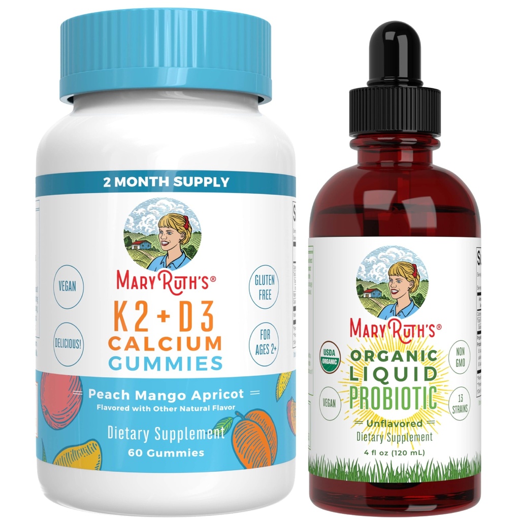 MaryRuth's vitamine K2+D3 Gummies (Peach Mango & Abricot) & USDA Organic Probiotic Drops 
