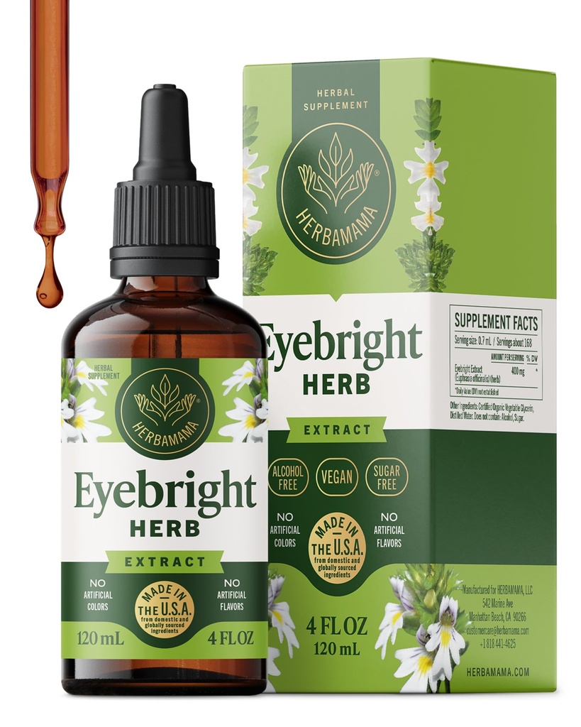 HERBAMAMA Eyebright Herb Tincture - Vegan Euphrasia Herb Extract for Bright Eyes Support - Non-GMO, Alcohol & Sugar-Free Eyebright Dietary Supplement, 84-Day Supply