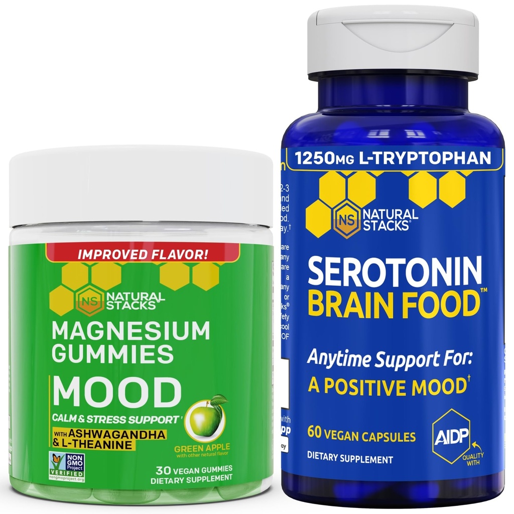 STACKS NATURELS Mood Magnesium Citrate Gummies + Sérotonine Cerveau Food Bundle - Positive Mood & Stress Support - 90 pièces