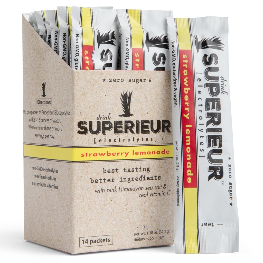 Superieur Electrolyte Powder Packets- Vegan Electrolyte Powder w/Sea Minerals- Keto Friendly, Non-OGM, Zero Sugar Electrolyte Supplement-Boire sportive saine-Lémonade Strawberry (14 Packets)