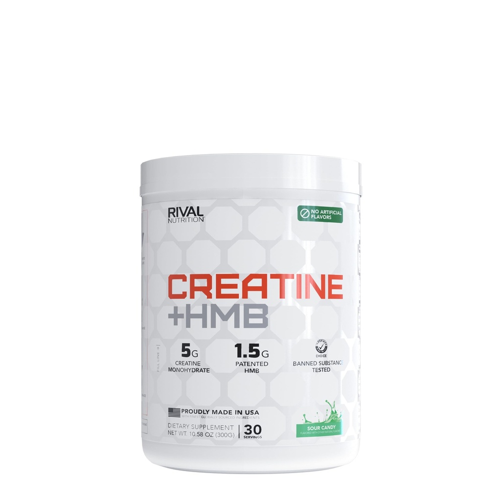 RIVAL NUTRITION Creatine + HMB I Powder for Men & Women with 5g Creatine Monohydrate, 1.5g HMB, 500 IU Vitamin D per Serving I Supports Performance and Lean Mass (30 Sevings, Sour Candy)