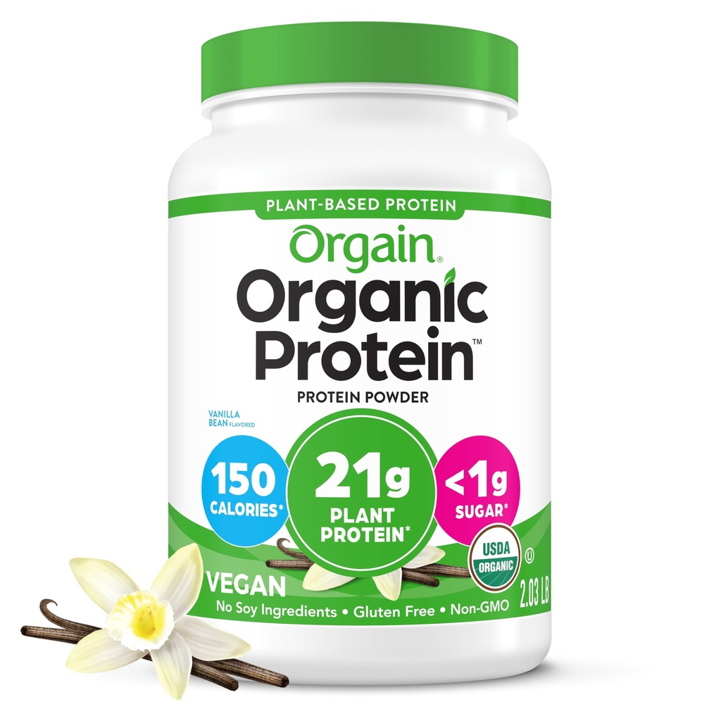 Orgaine en poudre de protéines végétales organiques, Vanilla Bean - 21g Protéines végétales, 6g Fibres prébiotiques, Pas d'ingrédients de lactose, Pas de sucre ajouté, Non-OGM, Pour Shakes & Smoothies, 2.03 lb (Packaging May Vary)