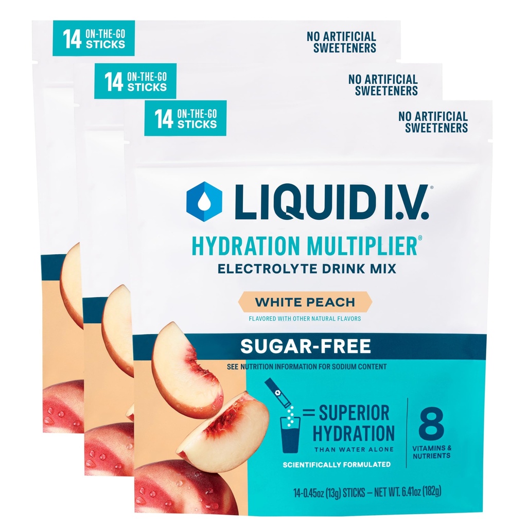 Liquid I.V.® Hydration Multiplier Sugar Free – White Peach | Electrolyte Powder Drink Mix | 3 Pack (42 Servings)