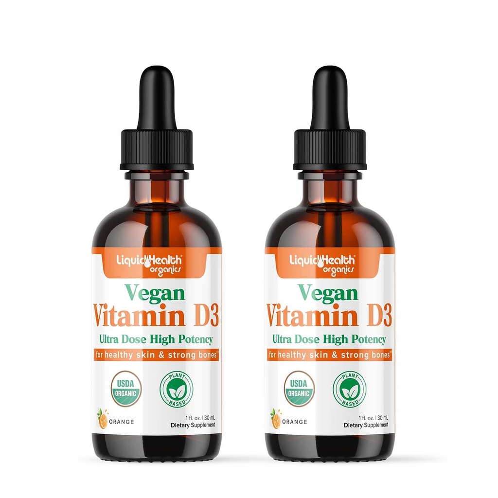 LIQUIDHEALTH Vitamine D3 4000 UI, USDA Vitamine D biologique gouttes liquides pour les adultes et les enfants, Vitamine D végétalienne pour le système immunitaire support, santé des os, soutien de l'humeur, peau saine - Fabriqué aux États-Unis (2 Pack)
