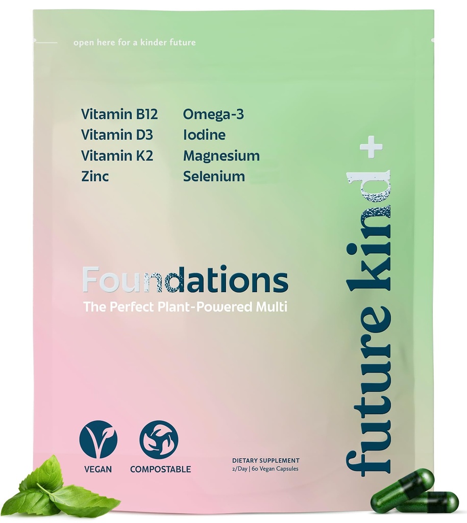 Future Kind Carrageenan-Free Foundations Multivitamine voor vrouwen en mannen met Omega-3, B12, D3, Zink, Jodium, Magnesium, K2 & Selenium, Vegan, Compostable Bag (60ct)