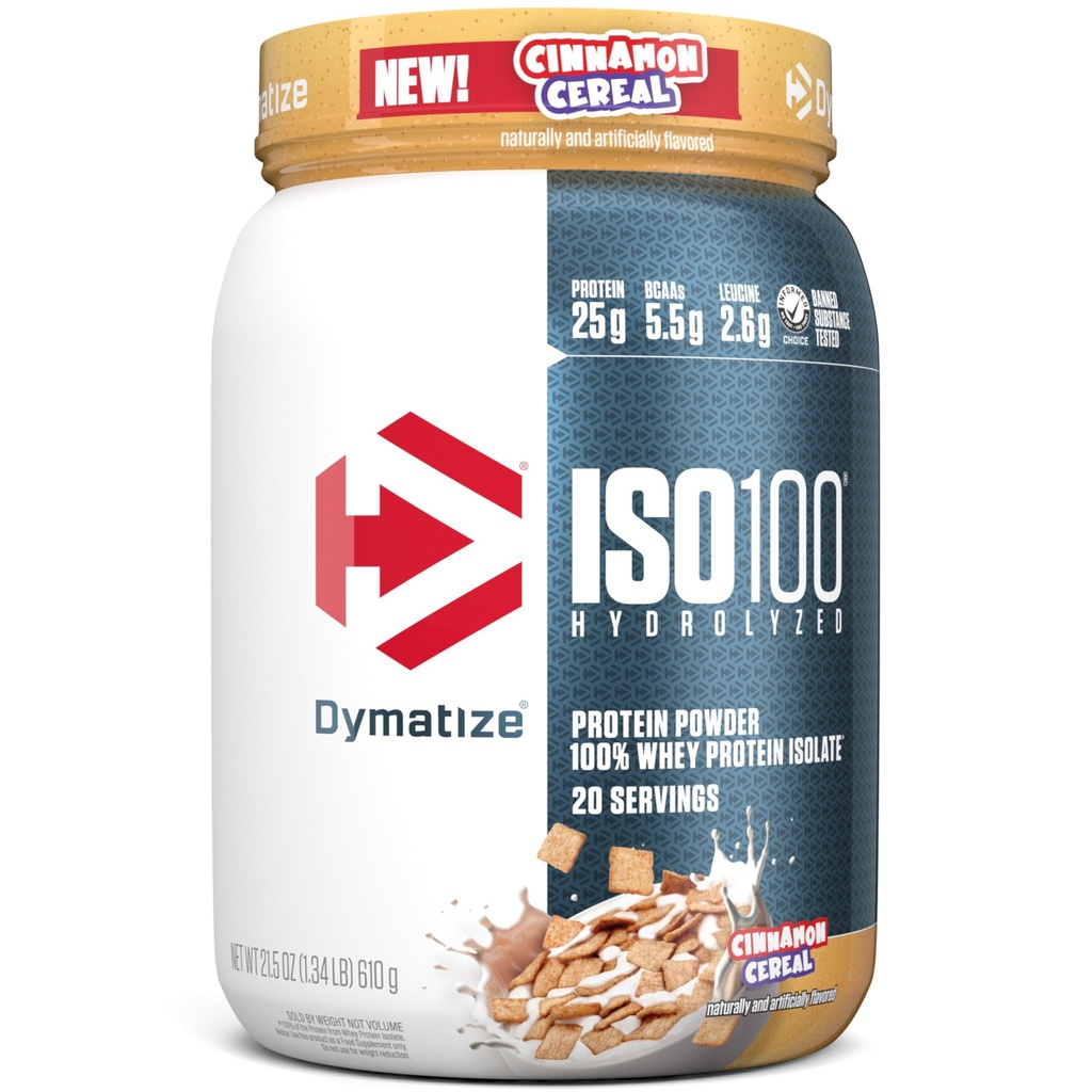 Dymatiser la poudre de protéines de lactosérum ISO100, Céréales de cannelle, 25g de protéines, 5,5g BCAA, moins de 120cal., sans gluten, 1g de gras, 1g de sucre, 2g de glucides (20 portions)