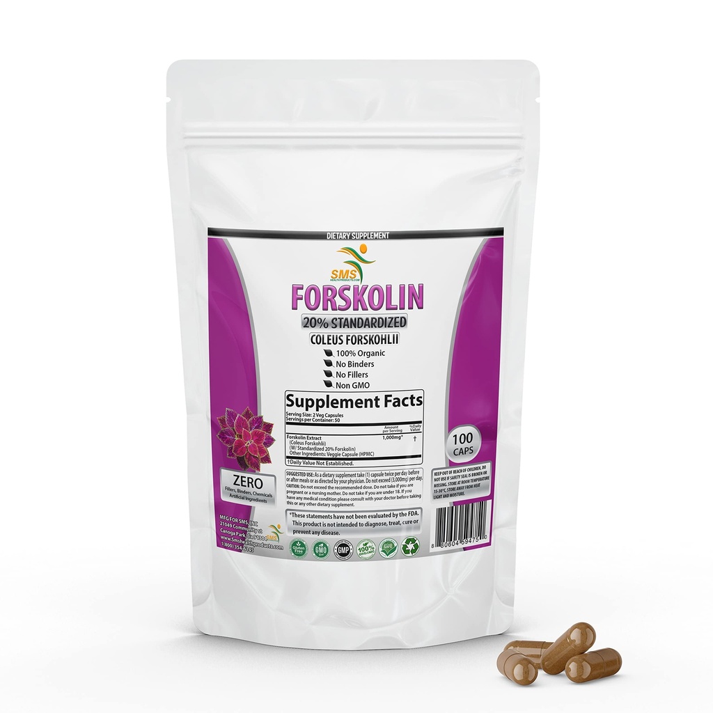 Supplément d'extrait de Forskolin pur avec Potent Coleus Forskohlii 20% Standardisé 1000 mg pour l'énergie améliorée - Suppléments d'énergie à base végétale pour les femmes et les hommes - 100 Capsules de Veggie
