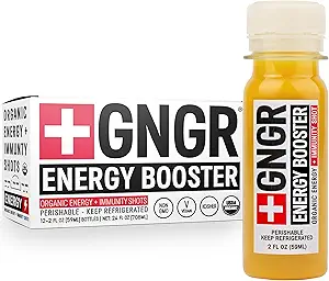 +GNGR Energy Booster & Immunity Shot, Cold-Pressed Ginger Shots with Lions Mane, 75mg of Natural Caffeine Green Tea, Turmeric Root, Vitamin D & Zinc for All Natural Immune Support (2 Oz, Pack of 12)