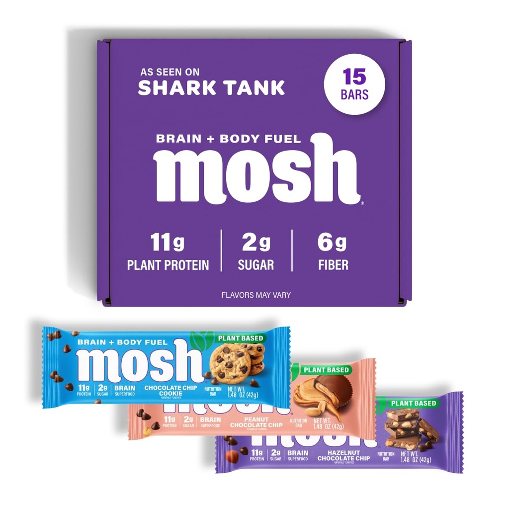 MOSH Variety Pack Vegan Protein Bars, Plant Based, Keto, Gluten Free, Brain Healthy Snack with Cognizin, Ashwagandha and Lion's Mane, 15 Count
