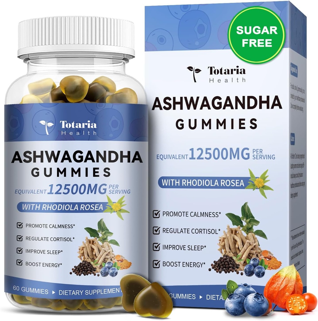 Totaria Sugar Free Ashwagandha Gevulde Gummies 2500mg w/Vitamine D3, Magnesium Glycinate, Rhodiola, Ultra Strength Ashwa Wortel Supplementen voor vrouwen & Wen, voor ontspanning, energie, bosbessen smaak