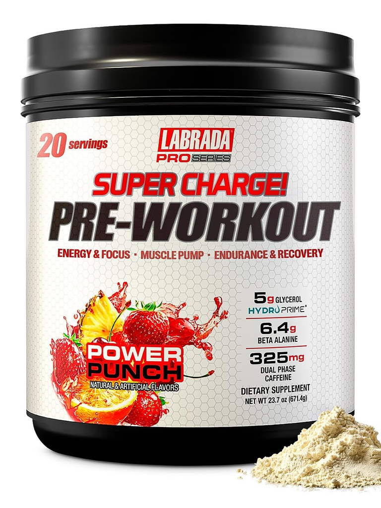Labrada Pro Series Super Charge Pre-Workout Powder for Men & Women – Power Punch – 8g L-Citrulline, 5g Creatine, 325mg Caffeine, PeakO2® & TeaCrine® – Energy, Pump & Endurance