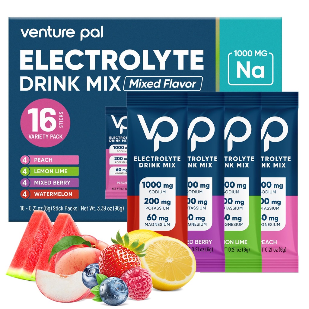 Venture Pal Electrolyte Powder Packets, High Sodium Hydration Drink Mix for Heavy Sweat, Long Runs, Hot Yoga & After Exercise Replenishment, with Sodium, Potassium, Magnesium, 16 Sticks - Hydration R2