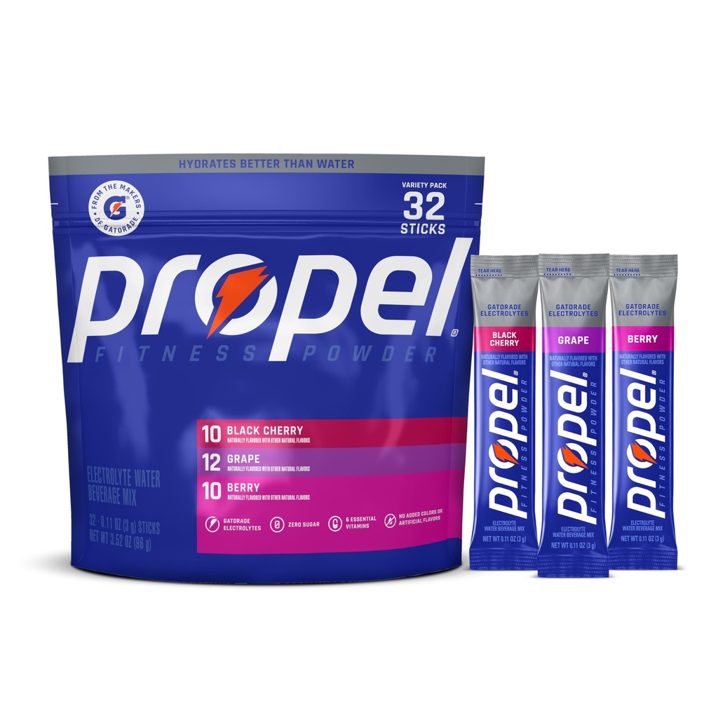 Propel Electrolyte Powder Drink Mix, 3 Flavor Variety Pack, (32 Servings), Zero Sugar, Enhanced Water Beverage, Gatorade Electrolytes, Vitamins, No Added Colors, No Artificial Flavors, Hydration