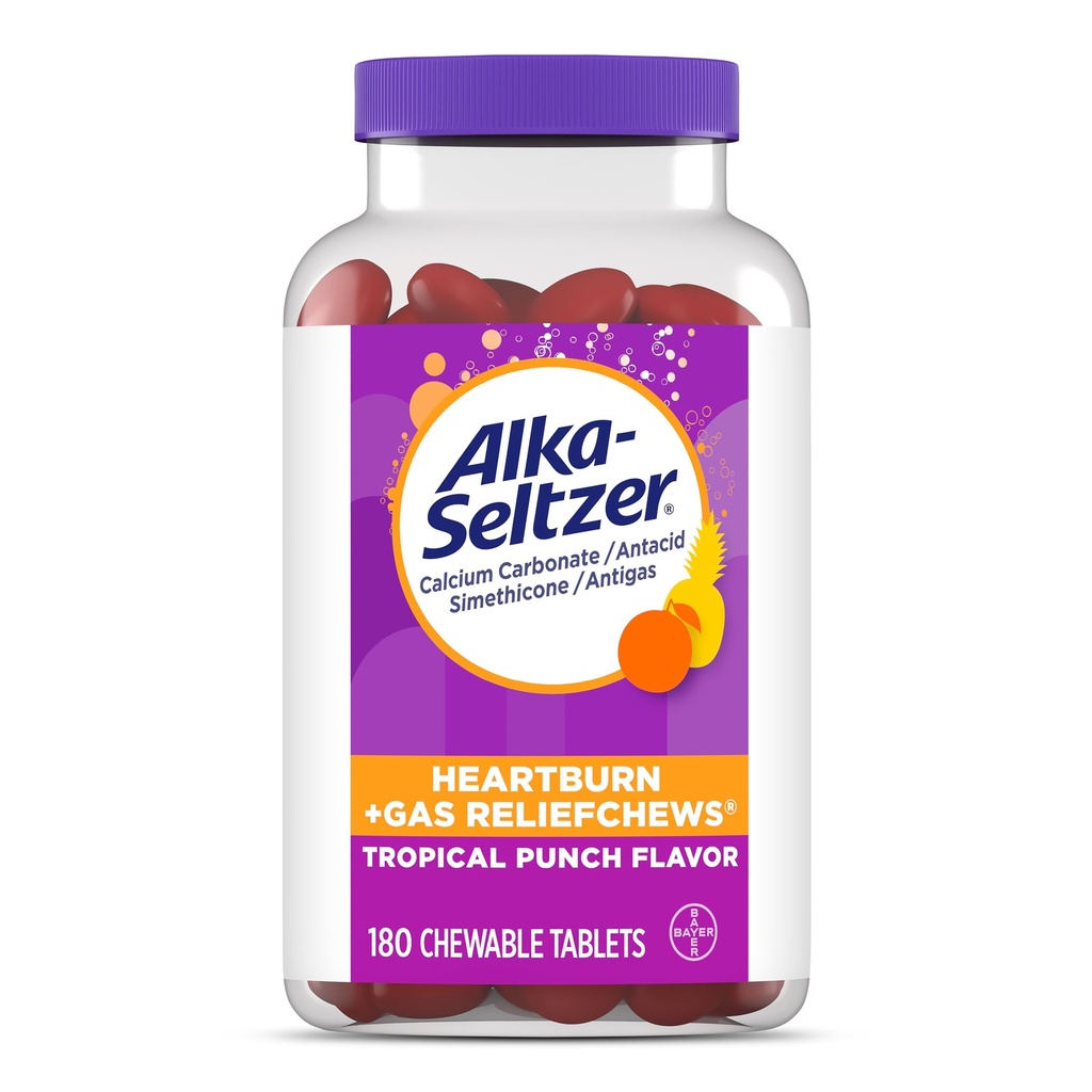 Alka-Seltzer Heartburn + Gas ReliefChews, Antacid + Antigas Chews for Fast Heartburn Relief, Gas, and Acid Indigestion Relief On the Go, 180 Ct