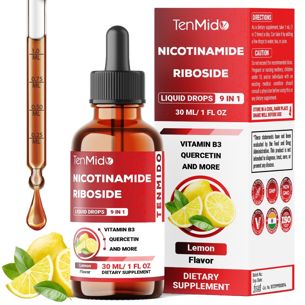 NAD+ Supplement Liquid Drops - 9in1 with Nicotinamide Riboside, Resveratrol, Quercetin, TMG Trimethylglycine, Fisetin, Co Q10, PQQ, and Black Pepper - 30ml 1 Fl Oz