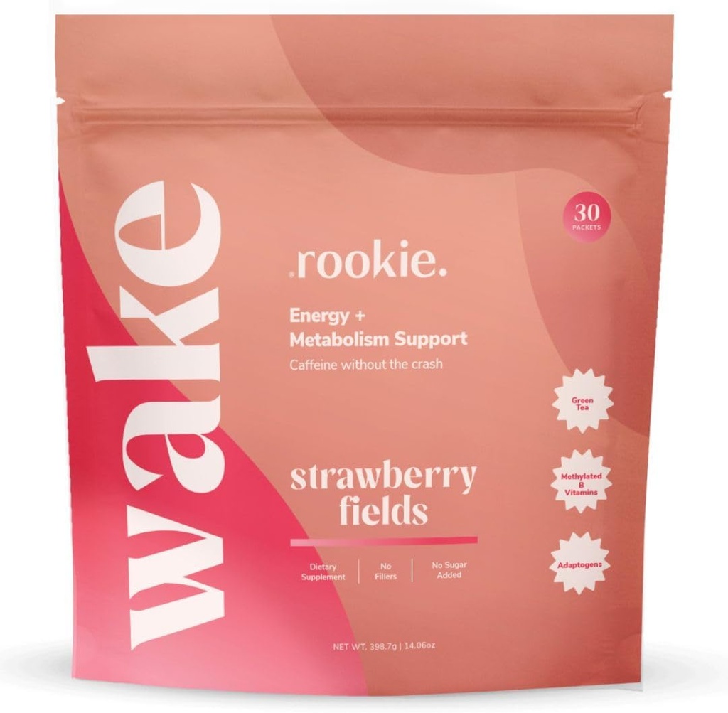 Rookie Wellness Wake - Natural Energy Drink Powder with 125 mg Cafeine from Green Tea Extract, B-Complex Vitaminen, Ashwagandha Extract, & Guarana Extract (30 Serves, Aardbeivelden)