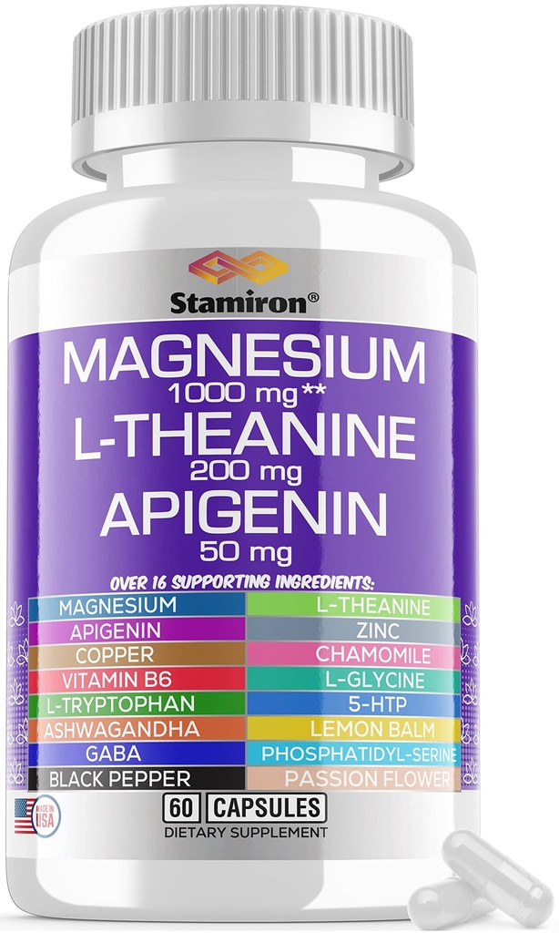 Magnésium Complex 1000mg L Theanine 200mg Apigenin 50mg Supplément avec Mag Glycinat Citrate Malate Taurate + Camomille 5-HTP Passion Fleur Lemon Baume B6 Ashwagandha et L Tryptophane - Fabriqué aux États-Unis