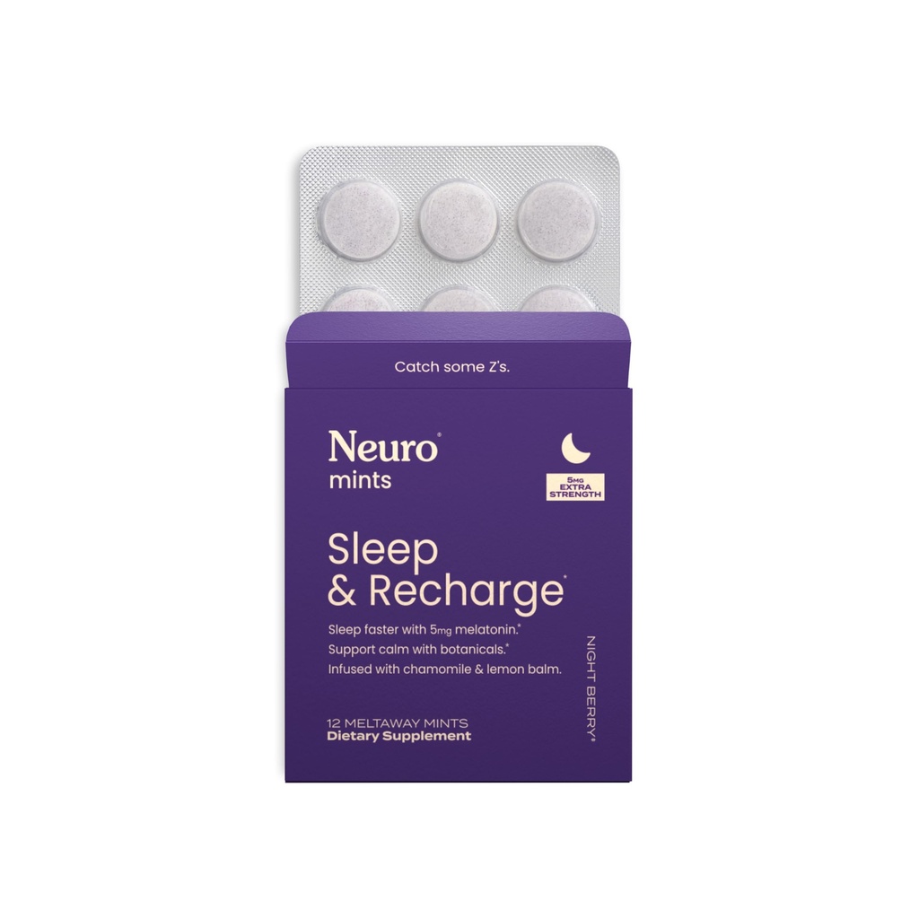 Neuro Sleep & Recharge Meltaway Mints - Contains Melatonin 5mg, Chamomile & Elderberry - Travel Aid for Nighttime Relaxation & Healthy Sleep Cycle - Night Berry, 12 ct