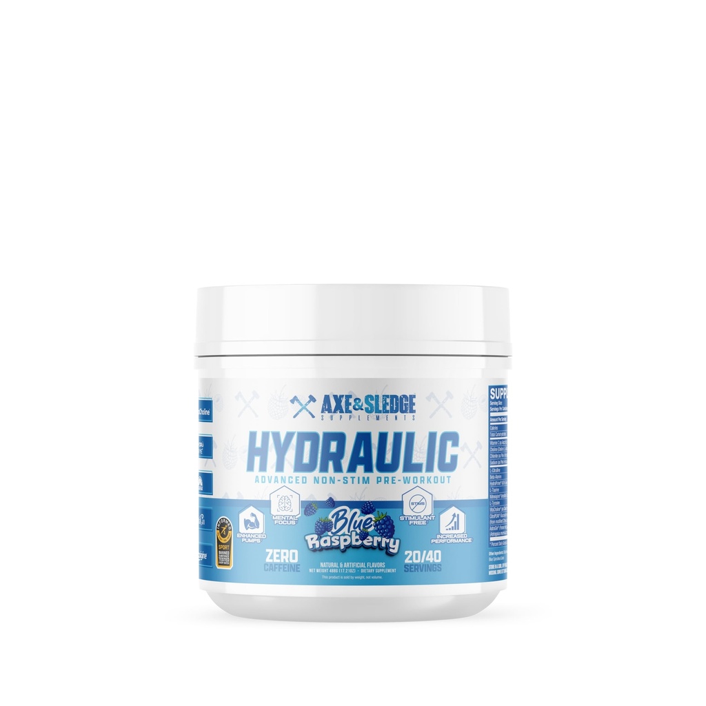 Axe & Sledge Hydraulic Stim-Free Pre-Workout Powder for Men & Women, Performance, Stamina, Focus, Pumps, L-Citrulline, Beta Alanine, Creatine, Caffeine-Free, Blue Raspberry v3