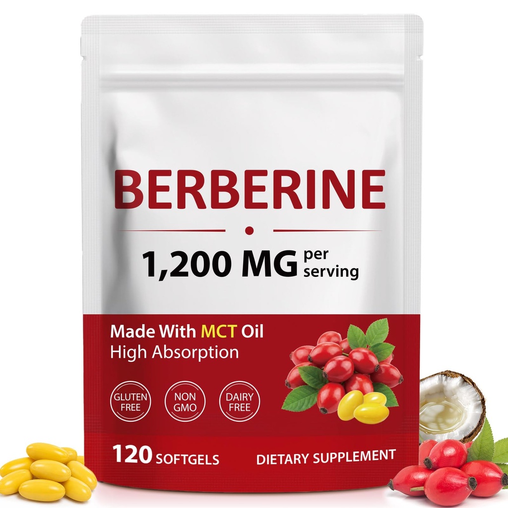 Berberine 1200mg with MCT Oil High Potency Wellness Softgels 120 Count | High potency formula, supports metabolic health, non-GMO and gluten free for daily wellness routine