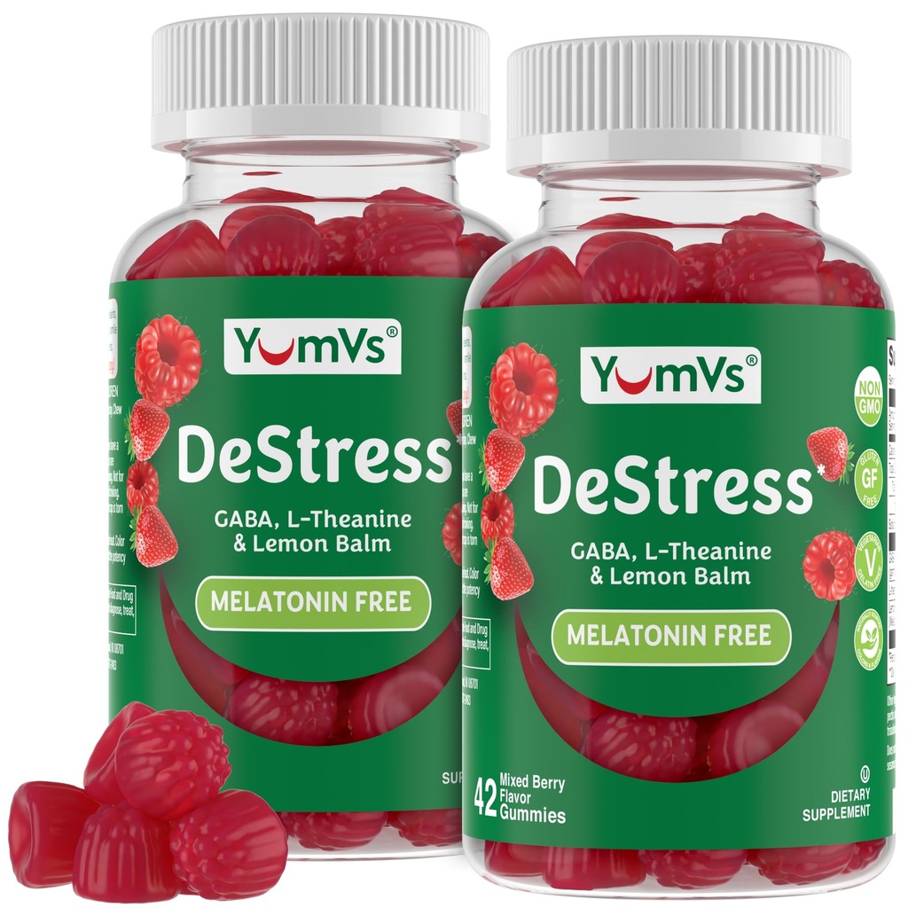 YumV's De-Stress Gummies with GABA, L-Theanine and Lemon Balm - Mixed Berry Flavor - Calming Gummies for Adults and Teens - Gluten Free Non-GMO Vegetarian Mood Support (42 Count (Pack of 2))