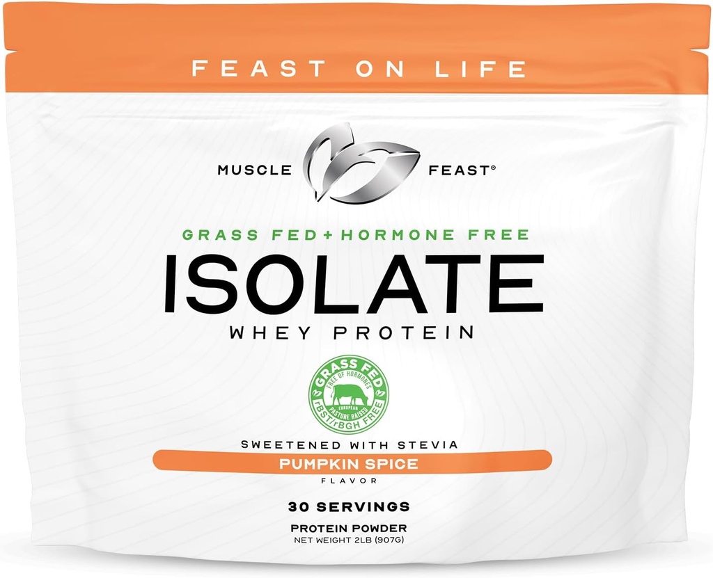 Muscle Feast Grass-Fed Wei Proteïne Isolaat, Alle Natuurlijke Hormone Gratis Pasture Verhoogd, Wei Isolaat Proteïne Poeder voor mannen en vrouwen, Schoon, Glutenvrij, Heerlijk Isolaat Proteïne - Pompoen Spice, 2lb