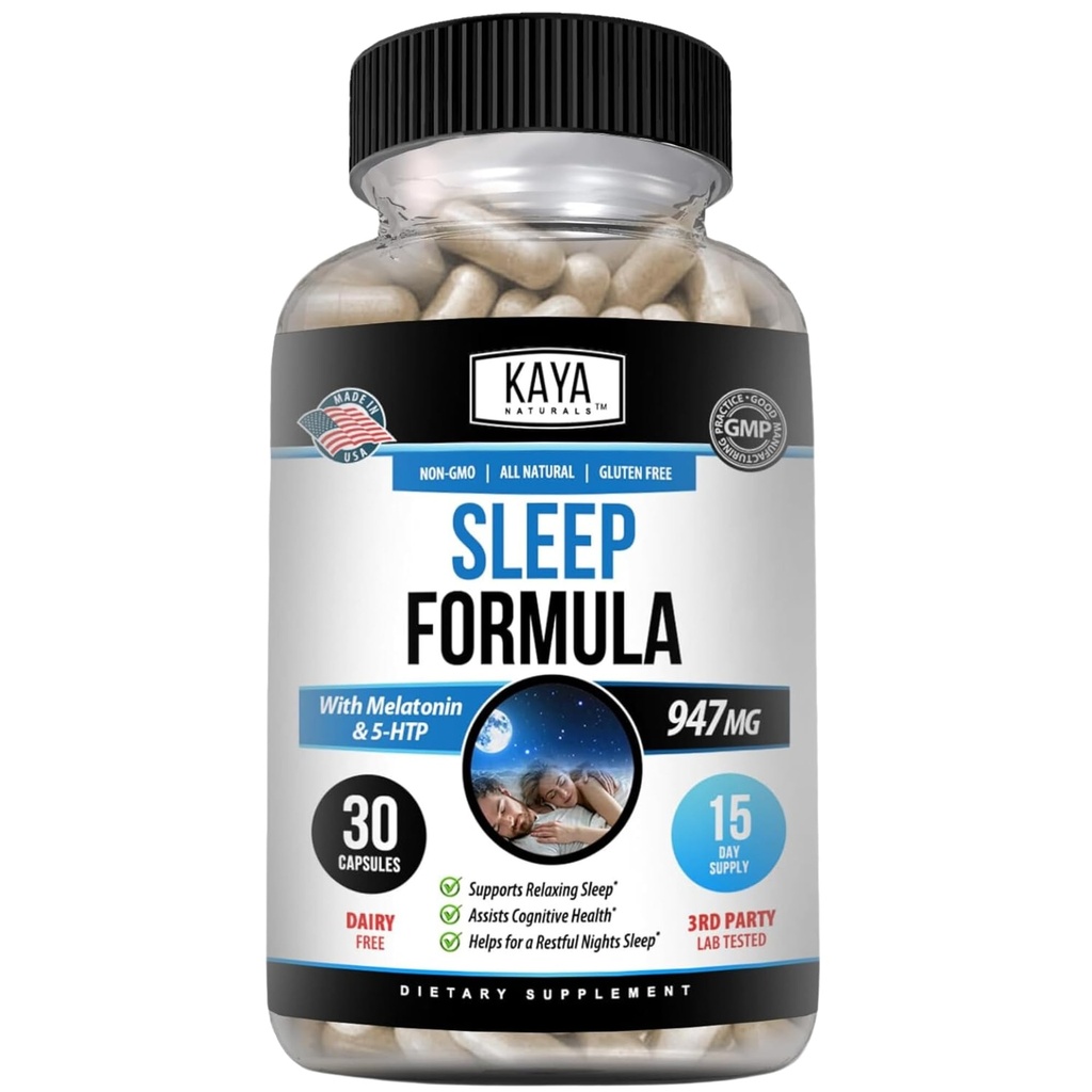Kaya Naturals - Slaapondersteuning Formule met Melatonine - Hulp Ondersteuning Vitamine Supplement - Slaapstress en Mood Ondersteuning - L-Tryptofaan, Passie Bloem, Ashwagandha en Meer (30 Tellen)