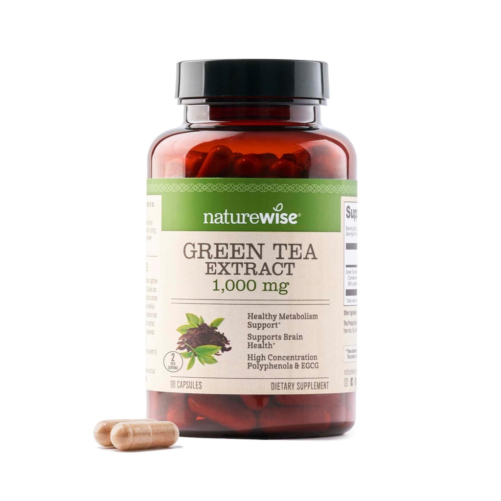 NatureWise Green Tea Extract Capsules 1000 mg - 50% EGCG & 98% Polyfenolen - Extra sterkte Green Tea Pillen - Antioxidanten voor gezondheid en energie in het hart - Veganistisch, niet-GMO - 90 Tellen[45-dagen]