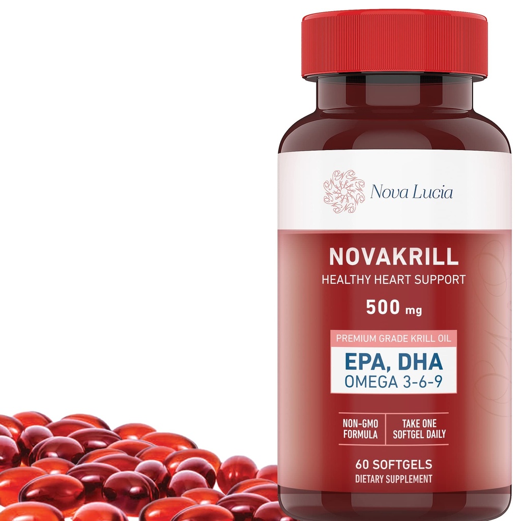 NovaKrill Krill huile Omega 3 supplément – 1000mg Softgels avec EPA, DHA, Astaxanthin – Pas d'arrière-goût de poisson – Facile à avaler huile de krill antarctique – 60 capsules liquides