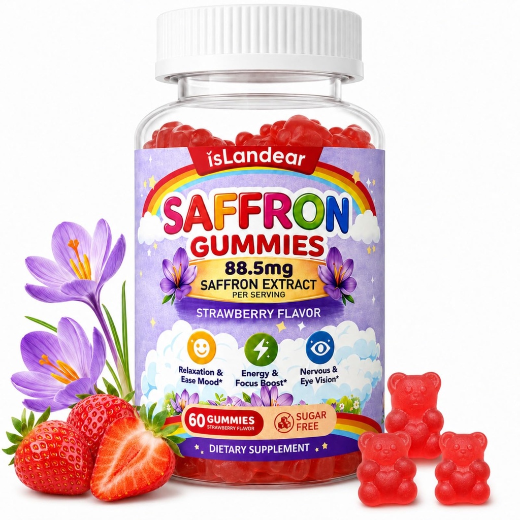 Saffron Gummies for Kids & Adults, 10-in-1 Saffron Supplements with 88.5mg Saffron Extract for Calm Mood, Focus & Daily Wellness, Sugar Free, Vegan, Non-GMO, Strawberry Flavor, 60 Counts