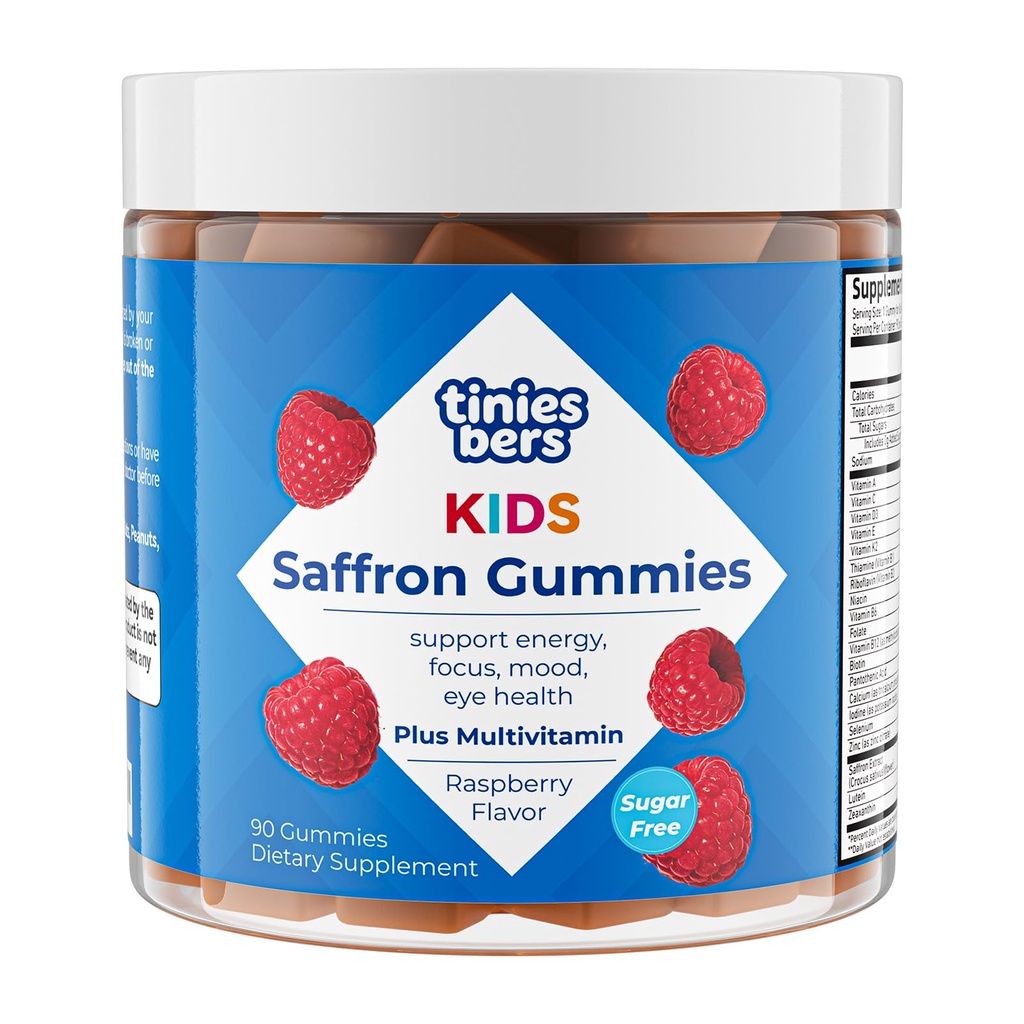 Tinies bers Saffron Gummies for Kids, with Multivitamins, Methyl Vitamin B12, Improve Focus, Mood Balance, Boost Energy, Support Vision Health, Daily Support, Vegan, Sugar Free, Pectin, Berry, 90