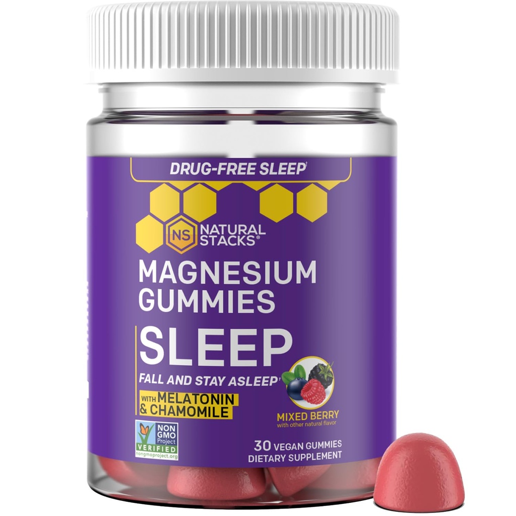 Slaap Magnesium Gummies met Melatonine - 200mg Magnesium Citrate - Melatonine Gummies voor Slaapkwaliteit - Nighttime Aid voor volwassenen met kamille - 30 gemengde Berry kauwtabletten