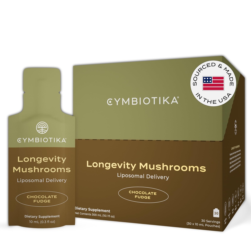CYMBIOTIKA Supplément de champignons liposomiques avec la crinière de Lion, la queue de dinde, les b-vitamines, Cordyceps & Reishi Champignons, Suppléments pour le soutien immunitaire et l'énergie, chocolat Fudge Flavor, 30 Pack