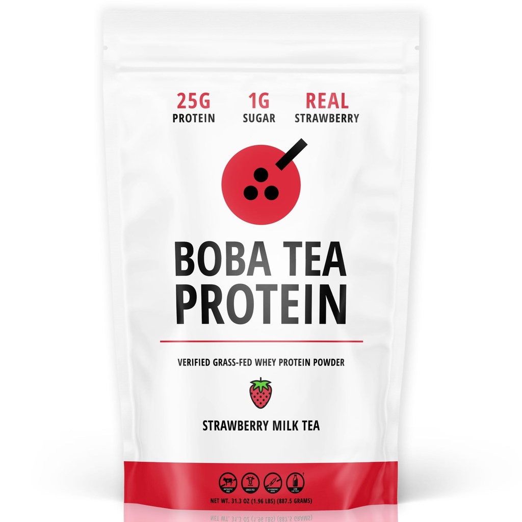 Strawberry Milk Tea | 25g Grass-Fed Whey Protein Isolate Powder | Gluten-Free & Soy-Free Bubble Tea Protein Drink | Real Ingredients & Lactose-Free Protein Drink | 25 Servings