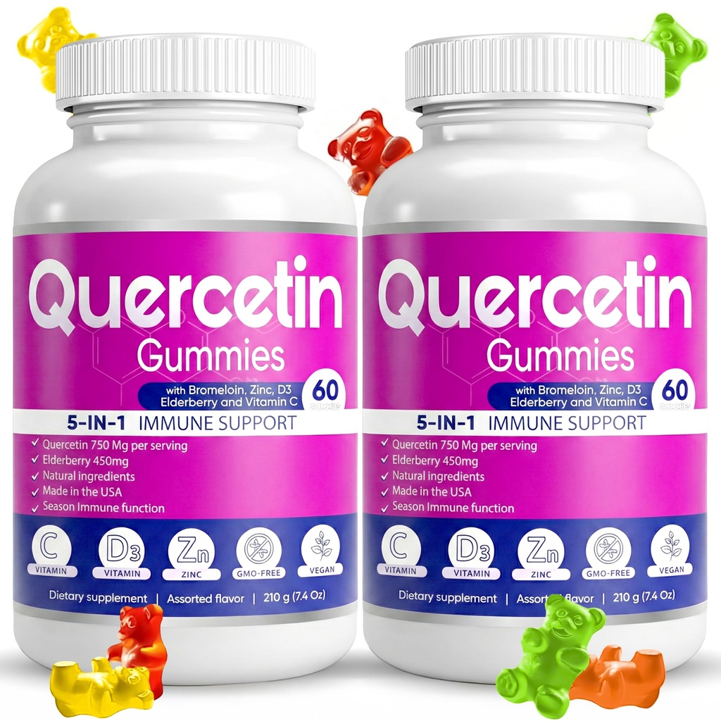 (2 Pack) Gummies Quercetin par BioVitalica - Quercetin avec la vitamine Bromelain C et Zinc & Elderberry + Vitamine D3-5 dans 1 Immune Support - Zinc Quercetin 750 mg pour les enfants et les adultes