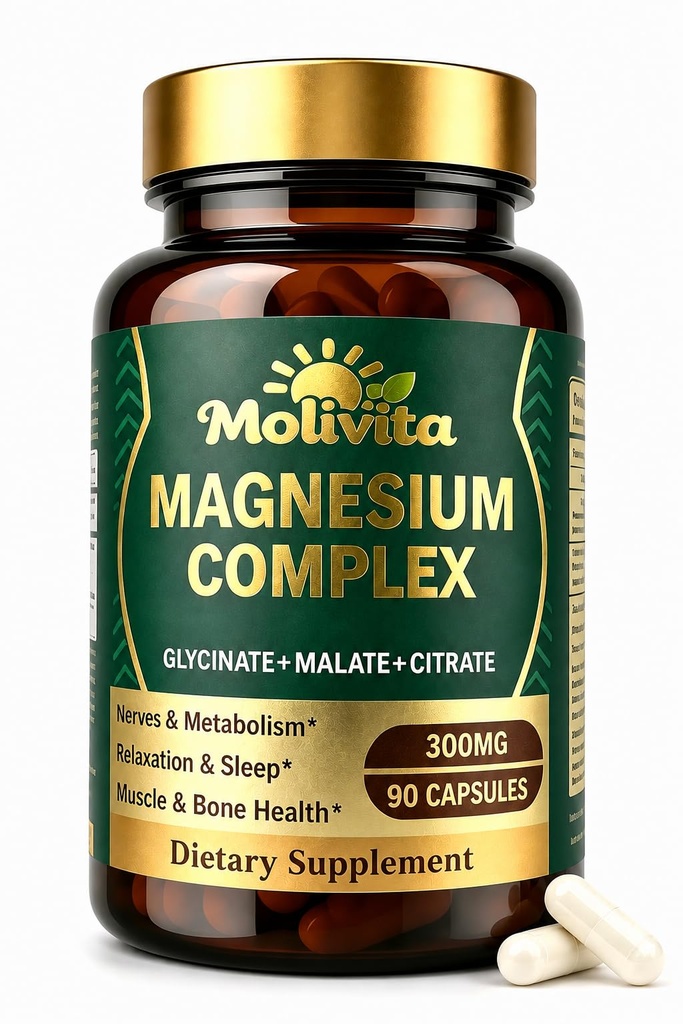 Triple Magnesium Complex - 300mg Magnesium from Glycinate, Malate & Citrate with Vitamin B6 & L-Theanine - Supports Stress Relief, Sleep, Nerves, Metabolism, Muscle & Bone Health