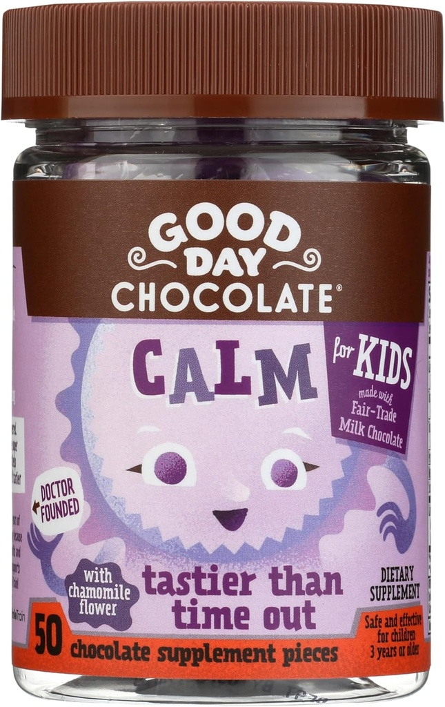 Good Day Chocolate Natural Calming Supplement voor kinderen, Blend van Kamille, L-Theanine, Fair Trade en Non-GMO chocolade, 50 stuks