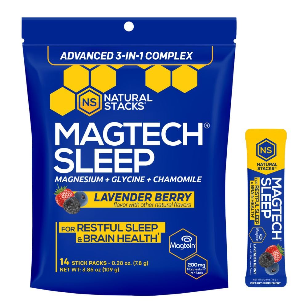 MagTech Magnesium Sleep Powder - Melatonin Free Sleep Aid w/ 3g Glycine - Magtein Magnesium L-Threonate, Glycinate & Taurate - Chelated Triple Complex - Supports Sleep & Brain Health* - 14 Servings