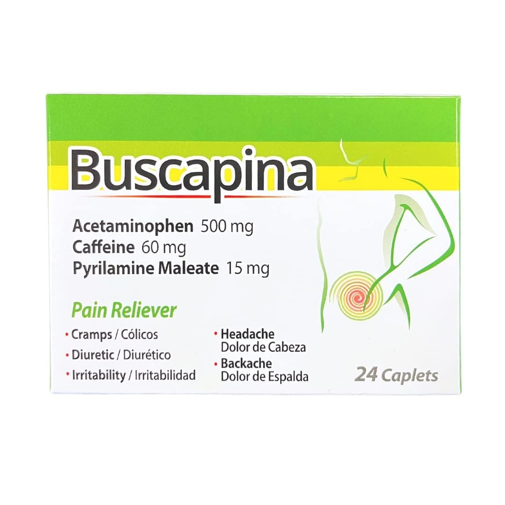 Buscapina Pain Relief Caplets, PMS, Kramps, Hoofdpijn, Opgeblazen, Terug & Gezamenlijke Pijn voor Vrouwen en Mannen Box met 24 Caplets