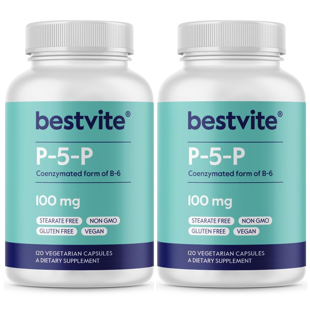 BESTVITE P-5-P 100mg (240 Capsules végétariennes) (120 x 2) (Forme CoEnzymée de B-6) - Pas de stéarate - Vegan - Non OGM - Sans gluten