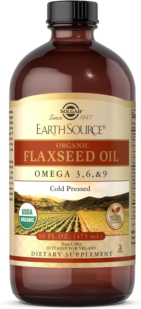 Solgar Earth Source Organic Flaxseed Oil - 16 fl oz - Cold Pressed - Omega 3, 6 & 9 - USDA Organic, Non-GMO, Gluten Free - Ongeveer 31 porties