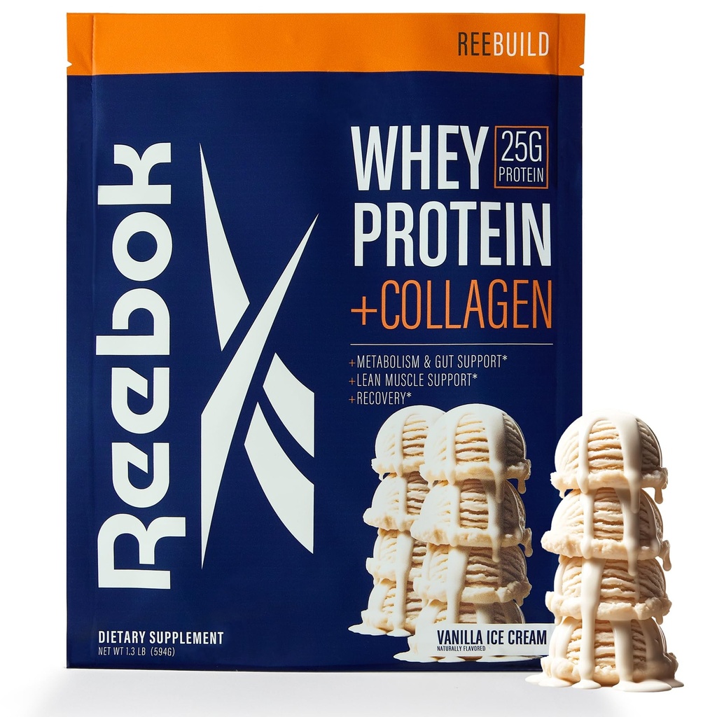 Reebok Whey Protéine Poudre + Collagène Peptides $ 25g Protéine avec 9 acides aminés essentiels $ Récupération musculaire, joint et soutien Gut $ Certifié Sport Informé $ ReeBuild Vanilla Ice Cream Flavor, 1,3 lb