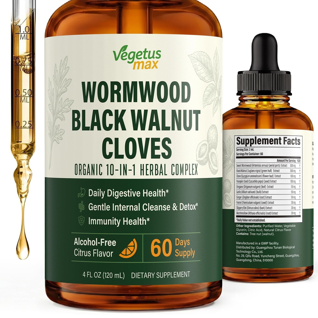 Wormwood Black Walnut Clove Liquid, Gut Detox, Digestive Health & Cleanse for Humans, Wormwood Tincture with Pumpkin Seeds Oregano Garlic, Gentle 120 mL/4 FL.OZ