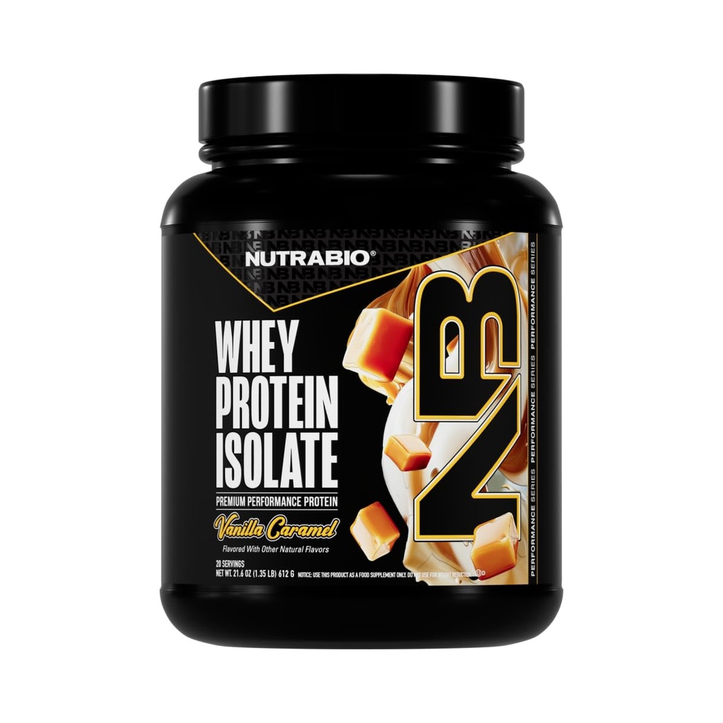 NutraBio 100% Wei Proteïne Isolaat Proteïne Poeder, 25g Proteïne met Compleet Aminozuur Profiel, Non-GMO, Soja & Glutenvrij, Low Carb, Lage Calorie Wei Proteïne Poeder, Vanille Caramel, 2 Lbs