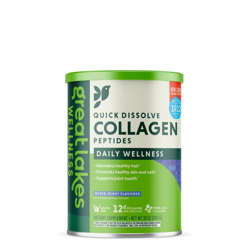 Great Lakes Wellness Collagen Peptides Powder Supplement for Skin Hair Nail Joints - Mixed Berry Flavored - Quick Solution Hydrolyzed, Non-GMO, Gluten-Free, No Conservatives, Halal - 10 oz Canister