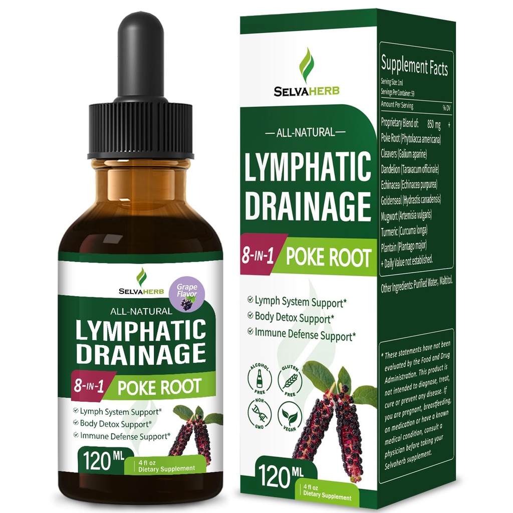 Lymph System Support Herbal Formula, Poke Root (Phytolacca Americana) Extract for Lymphatic Drainage, Body Detox Support & Immune Defense Support. 2oz